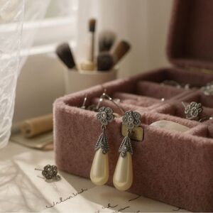 Vintage Sterling Silver 925 Marcasite & Faux Pearl Drop Dangle Earrings